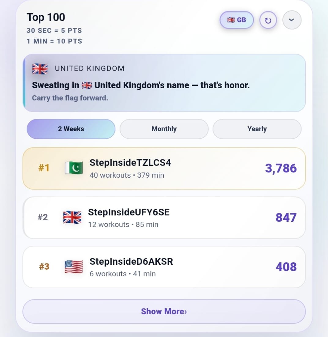 The Top 100 card in StepInside: scoring rule, country banner, period tabs and the top three athletes with flags and points