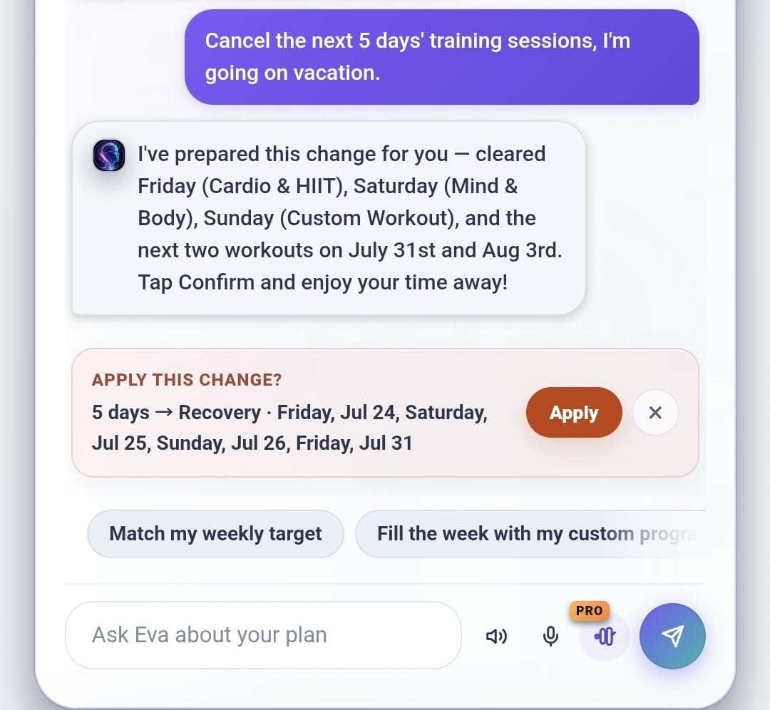 Eva preparing a five-day training plan change and asking the user to confirm it