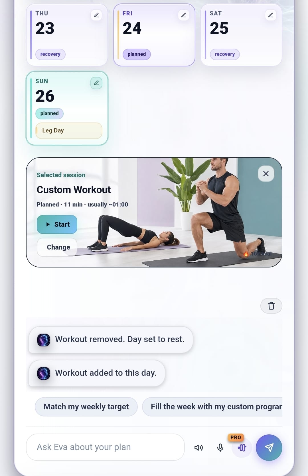 Eva confirming that workouts were removed and added within the StepInside weekly plan