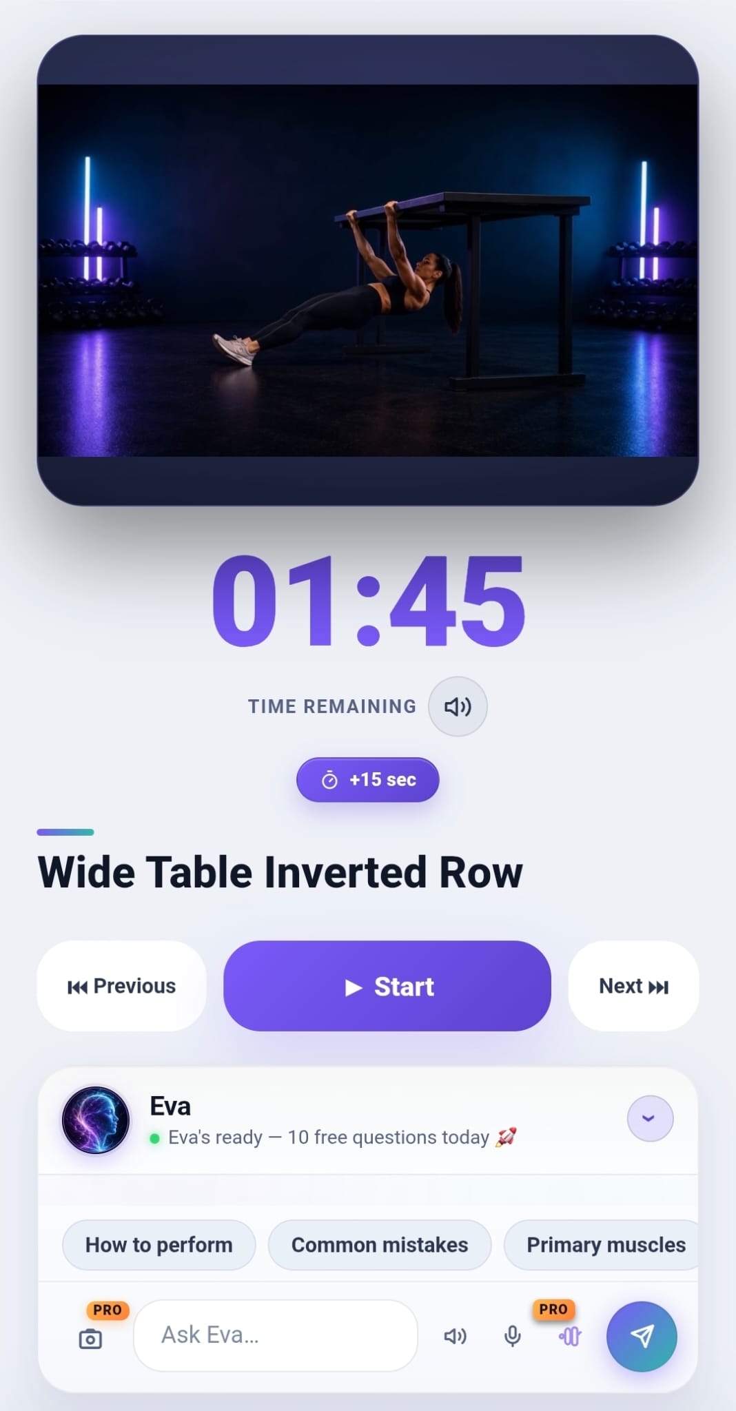 StepInside guided workout screen showing an exercise video, timer, controls, and Eva guidance