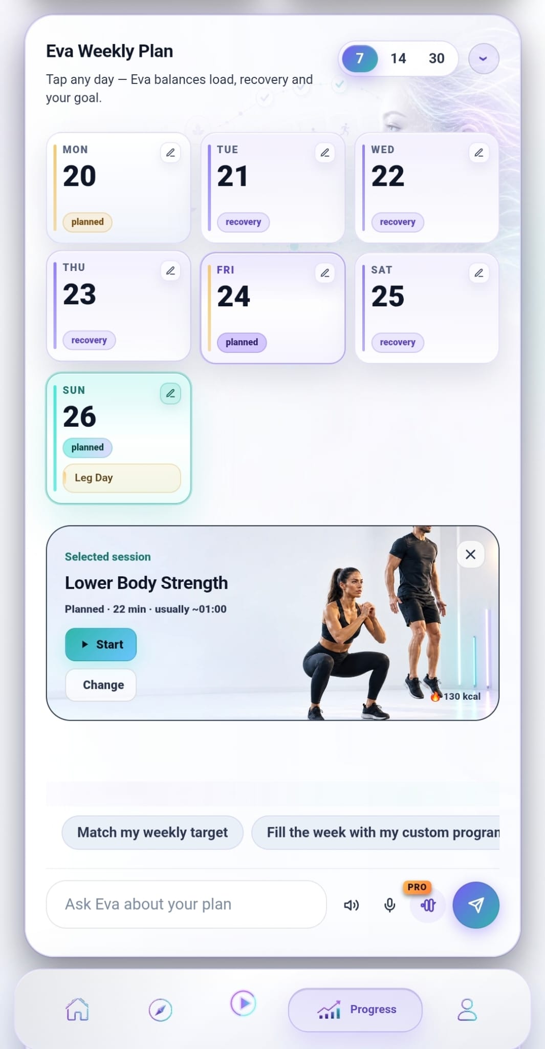 StepInside Eva Weekly Plan screen showing scheduled workouts, recovery days, and a selected session